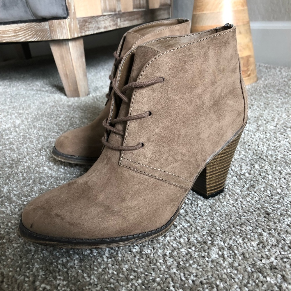 Tan suede heeled ankle boots